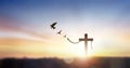 religious concept, Cross of jesus christ break barrier wire on calvary sunday background