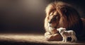 Religious concept. a lion and a lamb living in harmony. Large imposing powerful lion king representing the lion of Judah