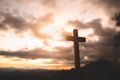 Religious concepts. Christian wooden cross on a background with dramatic lighting,  Jesus Christ cross, Easter, resurrection Royalty Free Stock Photo