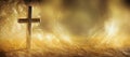 Religious cross in abstract wallpaper with shining gold sparkles and radiant lights. Symbolism of heaven or the resurrection Royalty Free Stock Photo