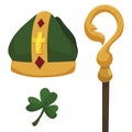 Shamrock, crosier and mitre, traditional elements of Saint Patrick, Vector illustration