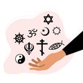 Religious Freedom day poster.Hand holding various spiritual symbols.Human Solidarity.Our unity in diversity.