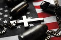Religious Gold Cross On American Flag With 45 Auto Handgun Bullets High Quality