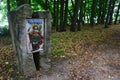 Religious icon placed in stone column on Island Of Art on Orava River Dam, northern Slovakia.