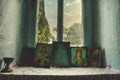 Religious icons in a small window in the Greek Orthodox chapel of GÃÂ¶kÃÂ§eada, Turkey History. 08.27.2021 Imbros Island. Royalty Free Stock Photo