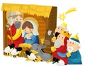 Religious illustration holy family three kings and shooting star - traditional scene Royalty Free Stock Photo