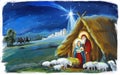 Religious illustration three kings - and holy family - traditional scene Royalty Free Stock Photo