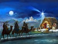 Religious illustration three kings - and holy family - traditional scene Royalty Free Stock Photo