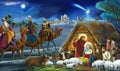 Religious illustration three kings - and holy family - traditional scene