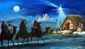 Religious illustration three kings - and holy family - traditional scene Royalty Free Stock Photo