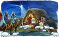 Religious illustration three kings - and holy family - traditional scene with sheep and donkey Royalty Free Stock Photo