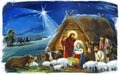 Religious illustration three kings - and holy family - traditional scene with sheep and donkey Royalty Free Stock Photo