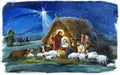 Religious illustration three kings - and holy family - traditional scene with sheep and donkey Royalty Free Stock Photo