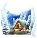 Religious illustration three kings - and holy family - traditional scene with sheep and donkey - illustration for children Royalty Free Stock Photo