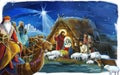 Religious illustration three kings - and holy family - traditional scene with sheep and donkey - illustration for children Royalty Free Stock Photo