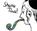 A religious with a shofar. Hasid blows the shofar on Rosh Hashanah. Sketch, doodle, hand draw. inscription Shana Tova