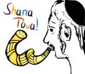 A religious with a shofar. Hasid blows the shofar on Rosh Hashanah. Sketch, doodle, hand draw. Lettering inscription Shana Tov