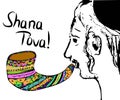 A religious with a shofar. Hasid blows the shofar on Rosh Hashanah. Sketch, doodle, hand draw. Lettering inscription
