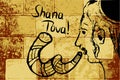 Religious with a shofar. Hasid Rosh Hashanah. Sketch, doodle, hand draw. Lettering inscription Shana Tova