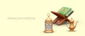 Religious literature concept. Quran on special wooden stand, golden lantern, and teapot