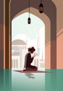 religious muslim man kneeling on carpet and praying inside mosque ramadan kareem holy month religion concept full length