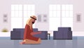 religious muslim man kneeling and praying at home ramadan kareem holy month religion concept modern living room interior