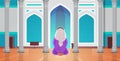 religious muslim man kneeling and praying inside mosque building ramadan kareem holy month religion concept rear view