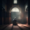 Religious muslim man praying in mosque. Ramadan Kareem background