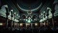 Religious muslim people praying inside the mosque. Generative AI.