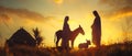 Religious nativity concept with pregnant Mary, Joseph, and a donkey on Bethlehem background Royalty Free Stock Photo