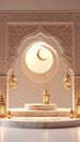 Religious occasions 3D illustration of podium with mosque, lantern, crescent, celebrating Islamic events