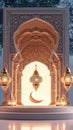 Religious occasions 3D illustration of podium with mosque, lantern, crescent, celebrating Islamic events