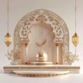 Religious occasions 3D illustration of podium with mosque, lantern, crescent, celebrating Islamic events