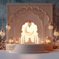 Religious occasions 3D illustration of podium with mosque, lantern, crescent, celebrating Islamic events