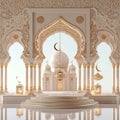 Religious occasions 3D illustration of podium with mosque, lantern, crescent, celebrating Islamic events