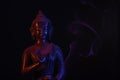 A religious ornamental buddha figure lit by red & blue flashes on a black background with copy space