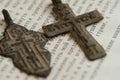 Religious orthodox symbols in the form of a cross on an open book, antiquities of the 18th century Royalty Free Stock Photo