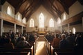 Religious people in the church. Rear view of unrecognizable people, A congregation sharing the peace of Christ during a church