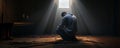 Religious, sad young man praying to God in a dark room. Sunlight coming through the window Royalty Free Stock Photo