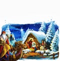 Religious scene with three kings and the holy family traditional illustration for children Royalty Free Stock Photo