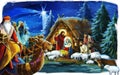 Religious scene with three kings and the holy family traditional illustration for children Royalty Free Stock Photo
