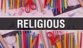 Religious with School supplies on blackboard Background. Religious text on blackboard with school items and elements. Back to