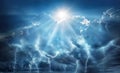 Religious and scientific apocalyptic background. Dark sky with lightning and dark clouds with the Sun that represents salvation Royalty Free Stock Photo