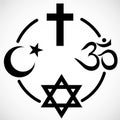 Religious signs united in circle: Islam, Christianity, Hinduism, Judaism