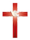 Religious symbol. Christian cross with dove and luminous rays on red background Royalty Free Stock Photo