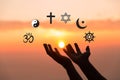Religious symbols. Christianity cross, Islam crescent, Buddhism dharma wheel, Hinduism aum, Judaism David star, Taoism yin yang,