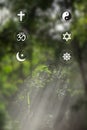 Religious symbols. Christianity cross, Islam crescent, Buddhism dharma wheel, Hinduism aum, Judaism David star, Taoism yin yang, Royalty Free Stock Photo