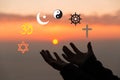 Religious symbols. Christianity cross, Islam crescent, Buddhism dharma wheel, Hinduism aum, Judaism David star, Taoism yin yang, Royalty Free Stock Photo