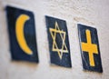 Religious symbols: islamic crescent, jewish David`s star, christian cross Royalty Free Stock Photo