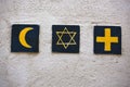 Religious Symbols: Islamic Crescent, Jewish David's Star, Christian Cross